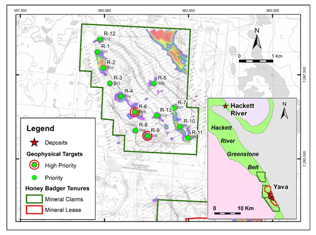 Figure 1. High and low priority geophysical targets on the Raptor Zone claim block.